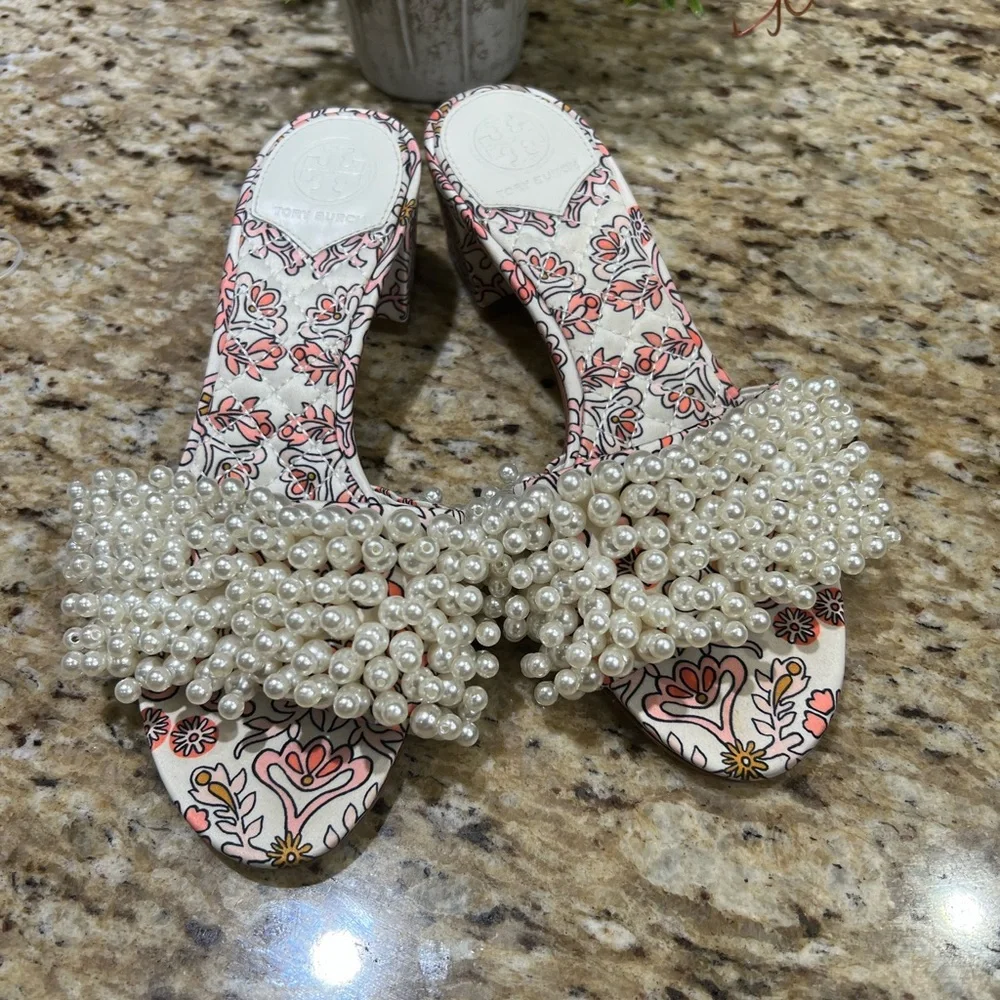 Tory Burch TATIANA Beaded PEARL Slide Sandals Hicks Garden Satin Shoes 5M